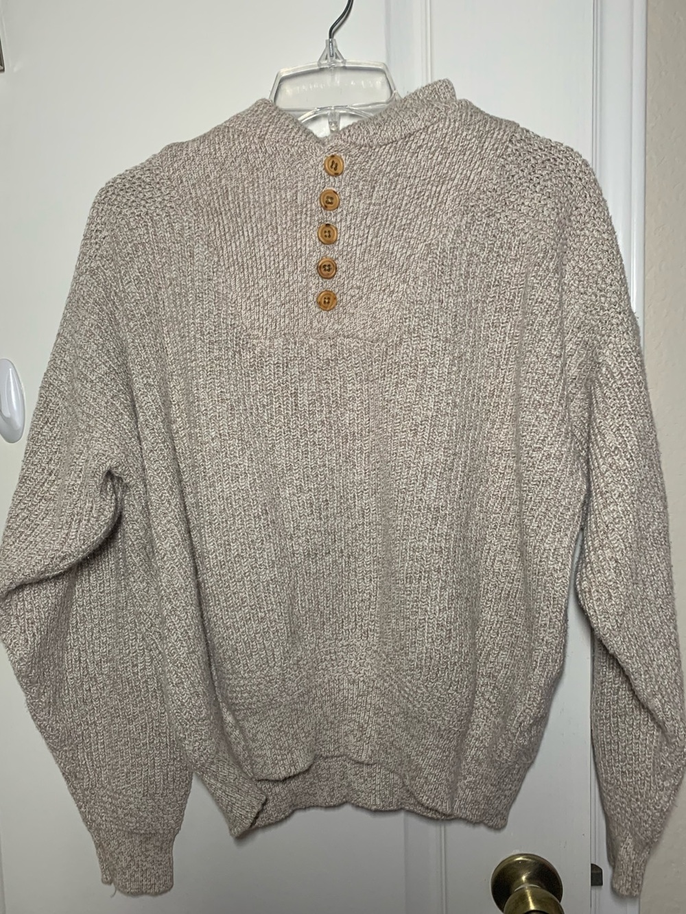Vintage Eddie Bauer Men's Beige Crewneck Henley Sweater